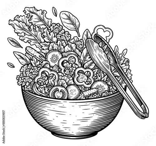Line art illustration of a fresh vegetable salad bowl depicting healthy ingredients and serving tongs for a healthy lifestyle