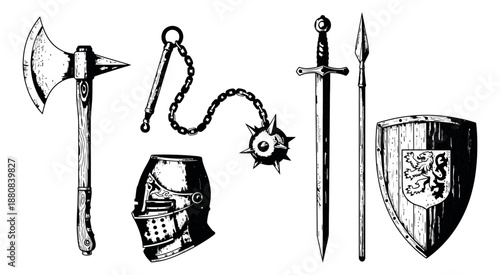 Hand drawn line art medieval weapons and armor set featuring an axe, flail, helmet, sword, spear, and shield for historical and fantasy designs