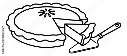 Hand drawn line art illustration of a pie and a slice being served for dessert
