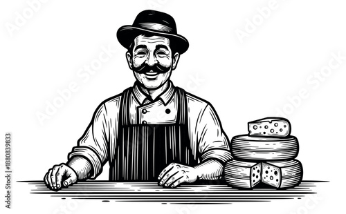 Hand drawn line art illustration of a smiling cheesemonger depicting him behind a counter with cheese for a food market
