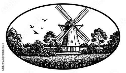 Woodcut style illustration of a windmill depicting a pastoral landscape for vintage themes