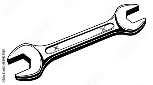 Line art illustration of a wrench depicting a common hand tool for maintenance and repair