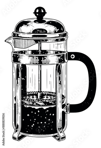 Hand drawn line art illustration of a french press coffee maker depicting coffee inside for a beverage design