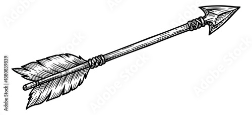 Hand drawn illustration of an arrow depicting a traditional feathered shaft for archery themes