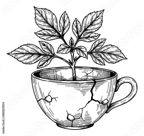 Hand drawn line art illustration of a plant depicting growth in a cracked teacup for concepts of resilience and new beginnings
