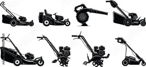 Garden lawn equipment silhouettes set, lawn mower tiller blower vector illustration collection for landscaping service design, gardening tools icons isolated on white