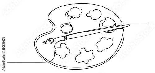 Hand drawn continuous line art illustration of an artist's palette with a paintbrush depicting creative tools for art and design projects