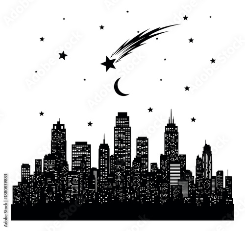 Silhouette illustration of a cityscape depicting a night sky with a shooting star and moon for an urban landscape