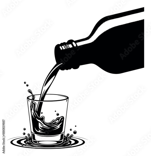 Black and white line art illustration of a bottle pouring liquid into a glass depicting a dynamic splash for beverage promotion