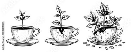 Hand drawn line art growth illustration set featuring plants breaking teacups for concepts of development