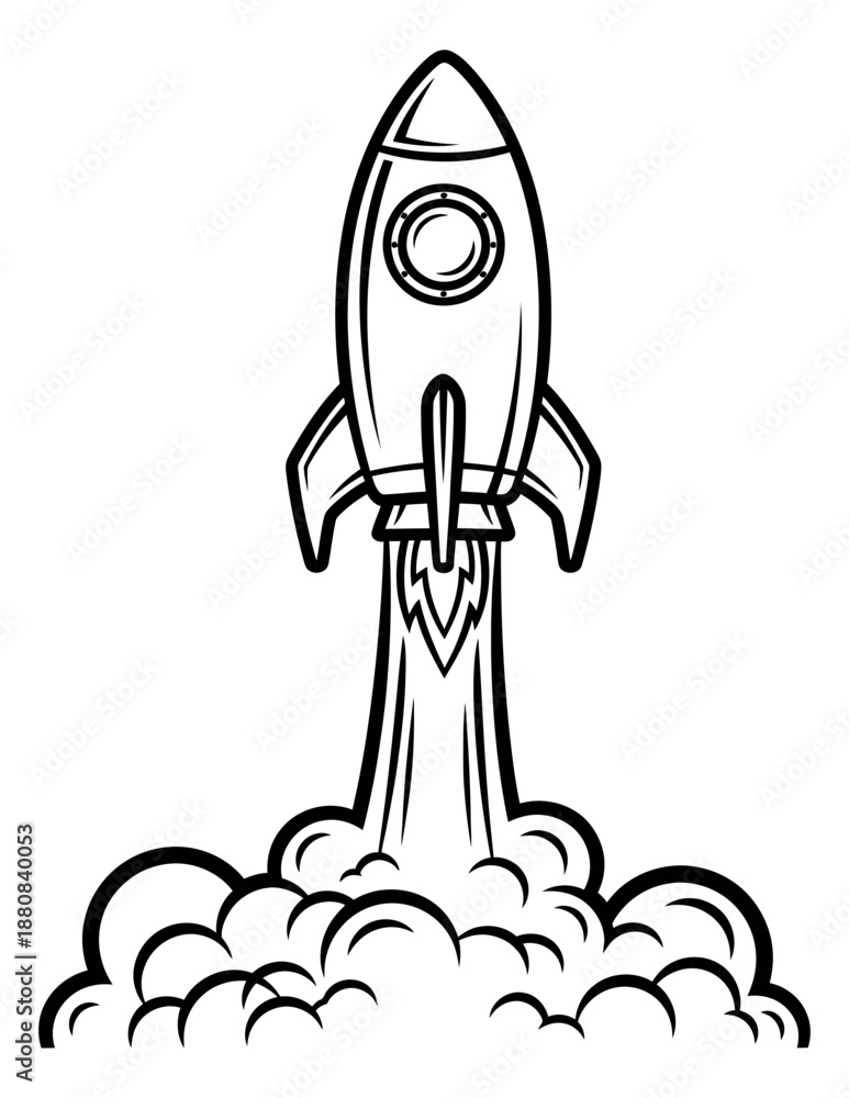 Obraz premium Line art illustration of a rocket depicting a launch for space exploration and business concepts