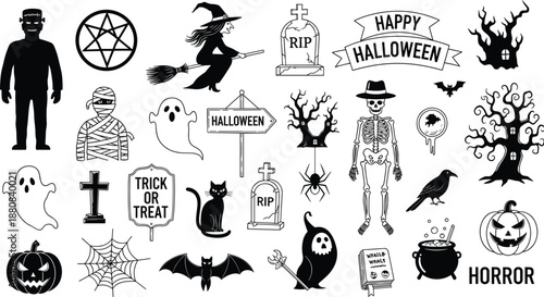 Halloween spooky icons collection, witch ghost skeleton pumpkin graveyard and horror symbols in black silhouette vector style for party decoration, posters and festive design