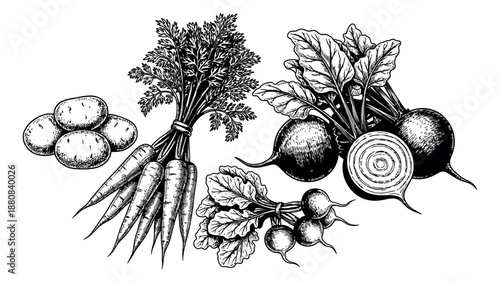 Hand drawn line art vegetable set featuring potatoes, carrots, beets, and radishes for healthy eating and gardening designs