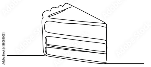 Hand drawn line art illustration of a cake slice depicting a sweet dessert for confectionery designs