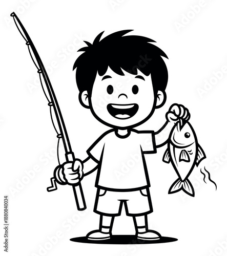 Hand drawn illustration of a boy depicting holding a fishing rod and a caught fish for an outdoor activity