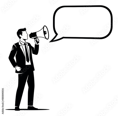Graphic illustration of a businessman depicting a public announcement with a megaphone and speech bubble for marketing