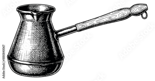 Hand drawn line art illustration of a cezve depicting a traditional coffee brewing vessel for kitchen and cafe designs