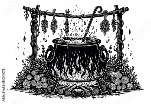Hand drawn line art illustration of a cauldron depicting a bubbling potion with dried herbs and firewood for halloween or magical themes