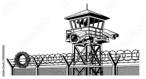 Black and white line art illustration of a security watch tower depicting active surveillance with cameras and a razor wire fence for prison or border control concepts