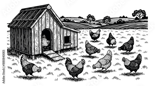 Woodcut style farm animals set featuring chickens and a coop for rustic farm designs