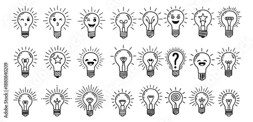 Hand drawn line art light bulb icon set featuring various glowing light bulbs with happy faces and symbols for idea generation and creative thinking