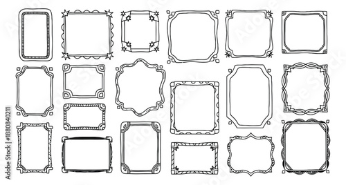 Hand drawn line art frames set featuring various decorative shapes and styles for creative design