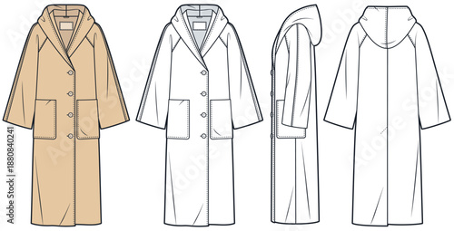 Button Up Hood Coat Technocal Fashion Illustration. Raglan Sleeve Coat fashion flat technical drawing template, front, side and back view, white, beige, women, men, unisex Outerwear CAD mockup set.