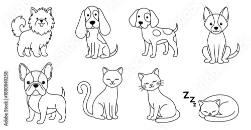 Cute hand drawn line art pet animals set featuring various dogs and cats in different poses for children's designs and pet-related content