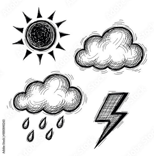 Hand drawn line art weather icons set featuring sun, clouds, rain, and a lightning bolt for forecasts and graphic design
