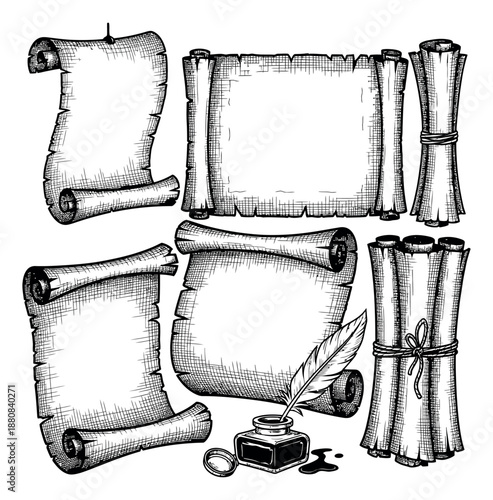 Hand drawn line art scrolls and vintage writing tools set featuring various parchment scrolls, an inkwell, and a feather quill for historical documents and messages