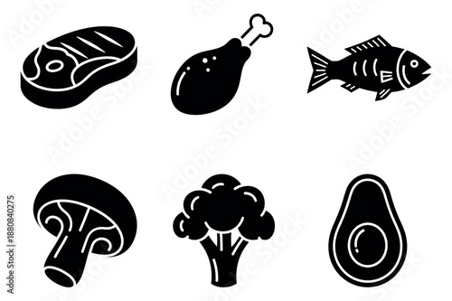 Glyph style food icons set featuring steak, chicken, fish, mushroom, broccoli, and avocado for healthy eating and diet