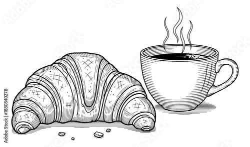 Hand drawn breakfast set featuring a croissant and a steaming coffee cup for morning meals