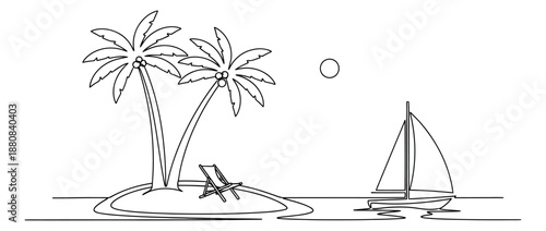 Line art illustration of a tropical island scene depicting a sailboat and palm trees for summer vacation