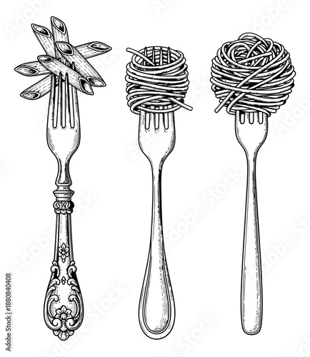 Hand drawn line art pasta and fork set featuring penne and spaghetti on vintage and modern forks for culinary design elements