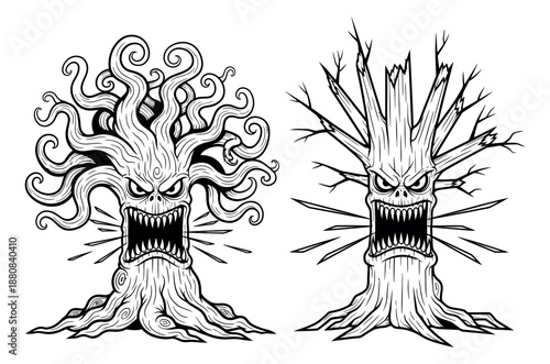 Hand drawn line art evil tree set featuring angry expressions and menacing teeth for halloween and fantasy themes