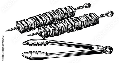 Hand drawn line art BBQ tools and food set featuring meat skewers and grilling tongs for summer barbecue