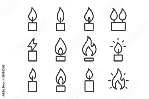 Candle Flame Icons. Candles & flames variations. Line outline icon set of Candles & flames variations: classic