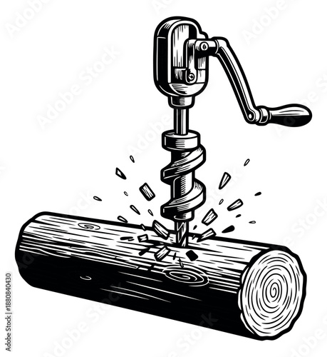 Vintage hand drawn illustration of a hand drill depicting it boring into a wooden log for carpentry work