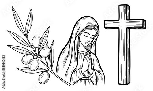 Hand drawn line art religious symbols set featuring Virgin Mary praying, an olive branch, and a Christian cross for Easter and spiritual design