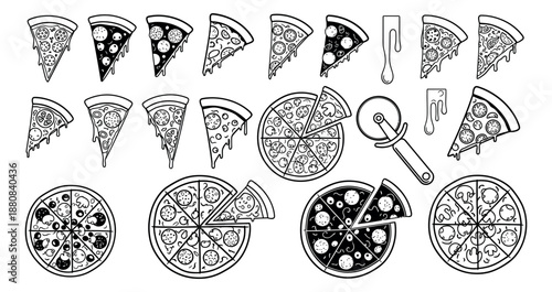 Hand drawn line art pizza set featuring slices, whole pizzas, and a pizza cutter for restaurant menus and fast food concepts