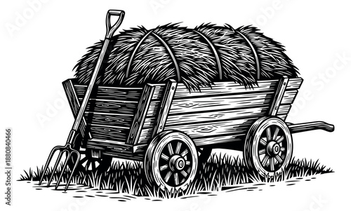 Line art illustration of a hay wagon and pitchfork depicting a harvest scene for agriculture and rural concepts