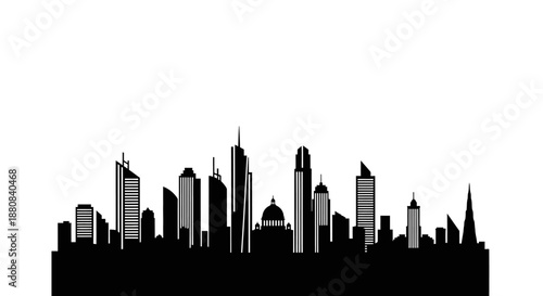 City skyline with tall buildings.