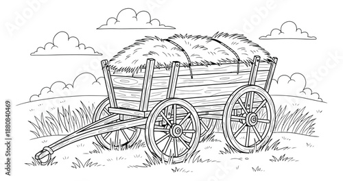 Hand drawn line art illustration of a wooden cart full of hay bales depicting a rustic rural scene for agriculture and harvest concepts