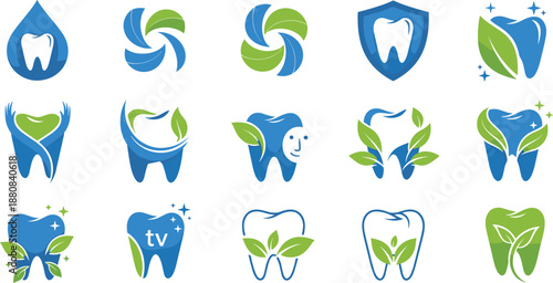 Modern eco dental logo icons collection, tooth leaf water and shield symbols for dentistry branding, oral healthcare clinic identity, clean medical vector illustration set
