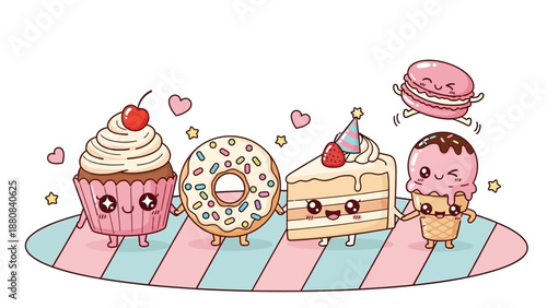 Cute Kawaii Desserts Characters: Cupcake, Donut, Cake, Ice Cream, Macaron