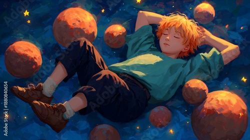 A beautiful anime-style illustration of a boy lying peacefully among glowing orange planets and stars in a deep blue cosmic sea. Captures themes of relaxation, imagination, and celestial wonder.