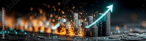 Dynamic financial growth visualized with rising stacks and an upward arrow amidst glowing sparks.