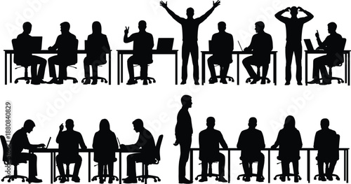 Silhouettes of office workers at desks in various poses, illustrating teamwork, stress, communication, and productivity in a modern workplace environment.