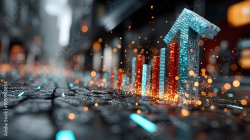 Financial growth chart with upward arrow and glowing particles symbolizing success and progress.