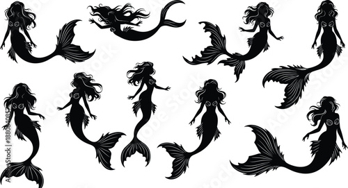 Mermaid silhouettes, fantasy vector, black illustration, mythical sea creatures, ocean art, graceful pose, aquatic design, tail shapes, underwater theme, magical figure